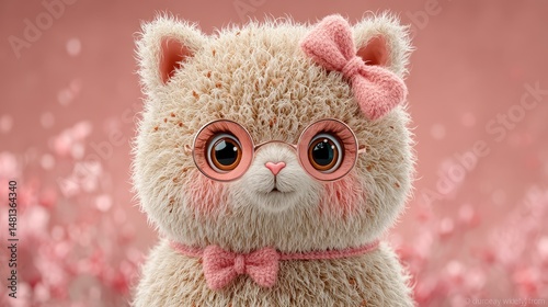 Obraz na płótnie Adorable Fluffy Llama Pink Bow Glasses Cute Animal Portrait w salonie