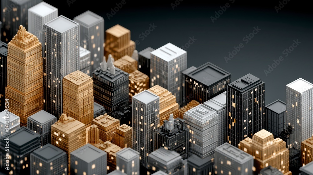 Modern Cityscape Gold Black Silver Skyscrapers at Night