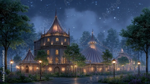 Obraz na płótnie Enchanting Night Circus Fairytale Tent Stars Lights w salonie