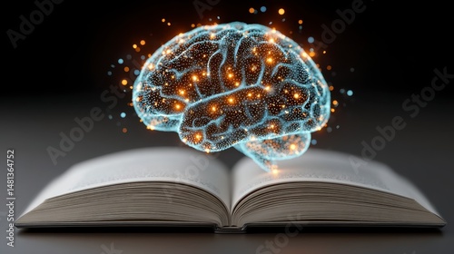 Obraz na płótnie Glowing Brain Emerging from Open Book Knowledge Learning Ideas Mind Power w salonie
