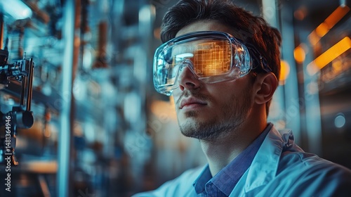 A scientist in an augmented reality lab designing a next-generation energy source