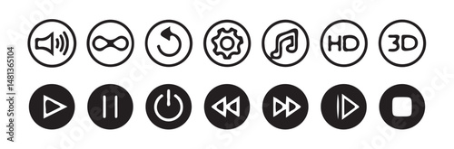 Media player button icons set.music, speaker volume, Stop, play, pause, rewind, fast forward icon. Music or video player control buttons. vector illustration eps 10.
