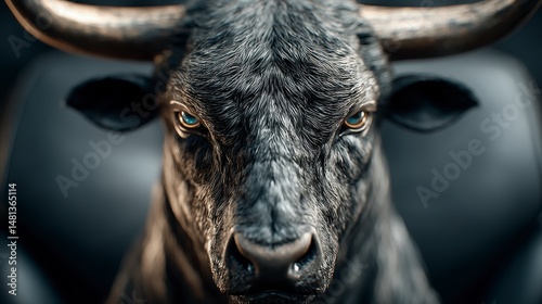 Obraz na płótnie Powerful Black Bull Close up Intense Gaze Dark Fur Horns Animal Portrait Business Fi w salonie