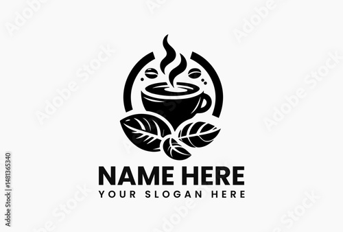 Black and white coffee cup vector logo with steam, beans and decorative leaves. Hot drink concept  