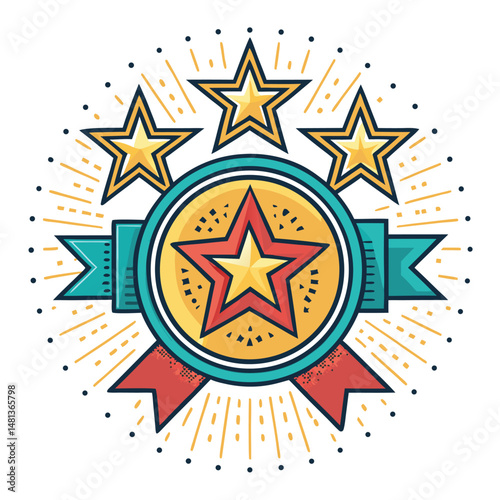 Design a rare, collectible badge icon featuring golden stars, vibrant level-up sparks, and a sleek, futuristic design.  Include glowing effects.