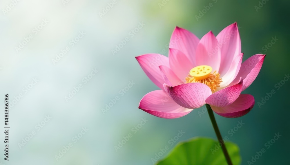 Fototapeta premium Single pink lotus blossom, minimal white backdrop, beauty, spiritual, delicate
