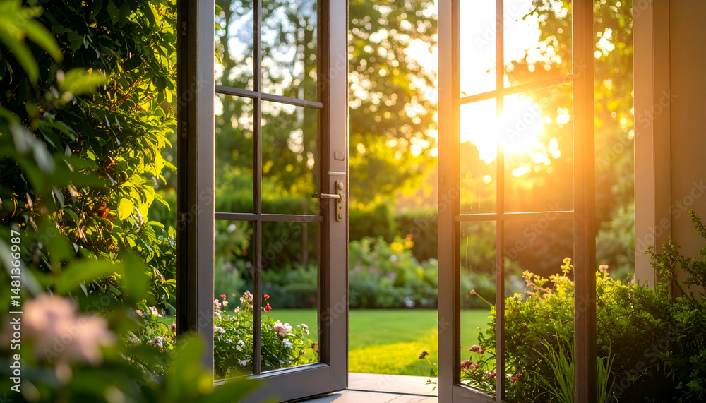 Naklejka premium A glass door opening into a bright garden, with sunlight pouring in, illuminating the lush greenery outside. The air feels fresh and rejuvenating, offering a sense of tranquility