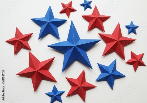 Arrangement of red and blue paper stars isolated on white background