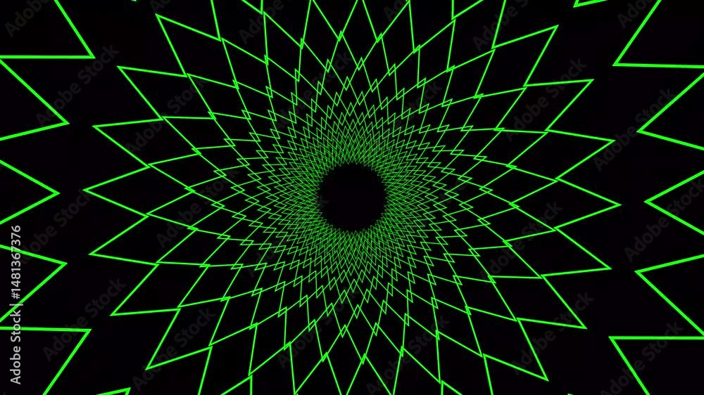 Animated green geometric spiral formation on black background creating abstract visual effects with digital art
