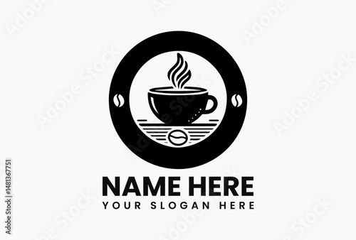 Minimalist black and white vector illustration of steaming coffee cup with beans and leaves. Beverage logo concept  