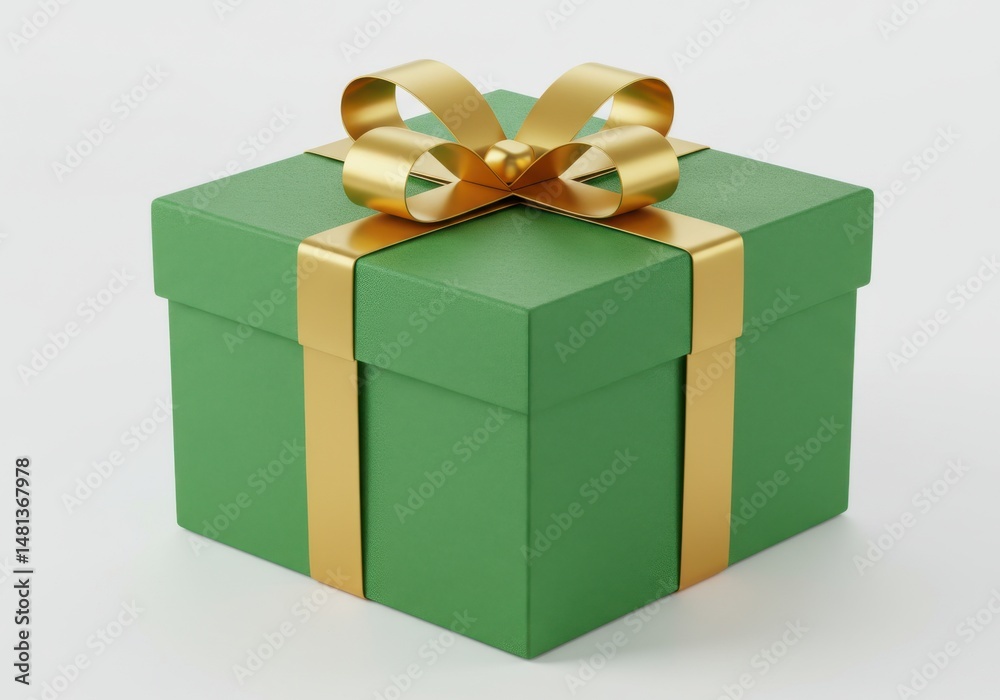Obraz premium A green gift box with golden ribbon and bow isolated on white background