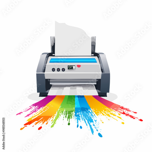 Modern Inkjet Printer Printing Colorful Graphic Design in Isometric Style

