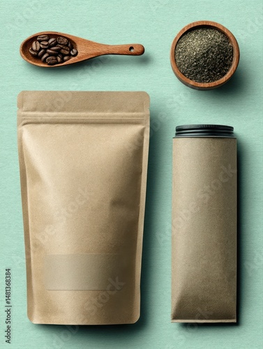 Coffee and tea mockup packaging design minimalist studio product photography aesthetic vibes photo