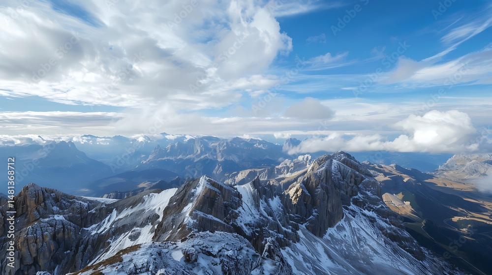 Obraz premium Aerial View Of Snowy Mountain Peaks Under A Blue Sky With Fluffy Clouds