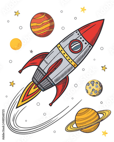 A retro-futuristic rocket ship speeds through a vibrant nebula, past colossal, colorful planets.  Detailed, cinematic lighting.
