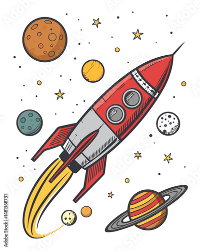 Retro-futuristic rocket ship soaring past vibrant planets, detailed illustration, 1950s aesthetic, space exploration.