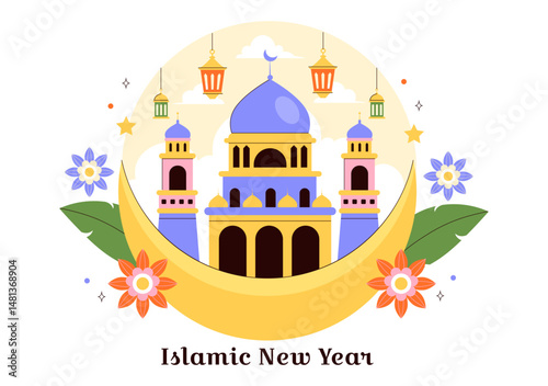 Happy 1 Muharram Vector Illustration of Celebrating the Islamic New Year with Mosque, Crescent Moon, and Lantern in a Flat Style Cartoon Background