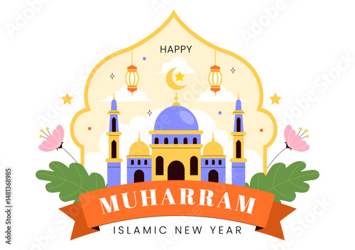Happy 1 Muharram Vector Illustration of Celebrating the Islamic New Year with Mosque, Crescent Moon, and Lantern in a Flat Style Cartoon Background