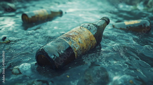 Bottles float in a polluted river, demonstrating environmental disregard and plastic waste issues