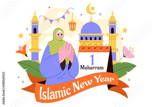 Happy 1 Muharram Vector Illustration of Celebrating the Islamic New Year with Mosque, Crescent Moon, and Lantern in a Flat Style Cartoon Background