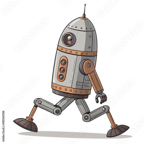 A futuristic robotic rocket, equipped with articulated mechanical legs, strides across an industrial landscape.  Detailed rendering required.