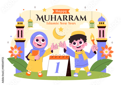Happy 1 Muharram Vector Illustration of Celebrating the Islamic New Year with Mosque, Crescent Moon, and Lantern in a Flat Style Cartoon Background