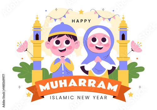 Happy 1 Muharram Vector Illustration of Celebrating the Islamic New Year with Mosque, Crescent Moon, and Lantern in a Flat Style Cartoon Background