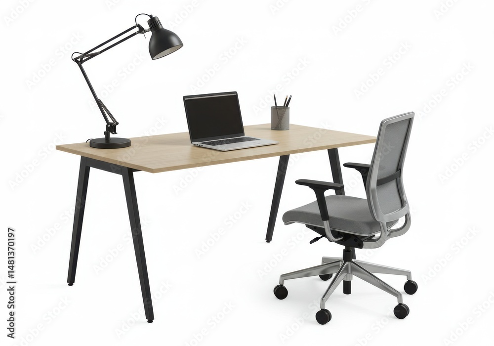 Fototapeta premium Workspace setup featuring desk, chair, lamp, and laptop computer isolated on white background