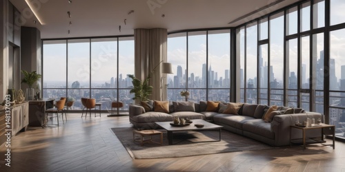 Luxury high-rise apartment, panoramic city vista,  skyline,  elegant,  building