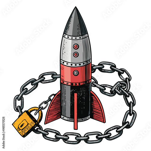 A gritty, urban scene depicting a powerful rocket, heavily chained and padlocked, suggesting confinement or oppression.  Focus on the contrast between the sleek rocket and the rusty chains.