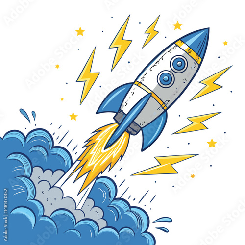 A futuristic rocket ship bravely pierces a dramatic, electrically charged thundercloud, lightning flashing around it.