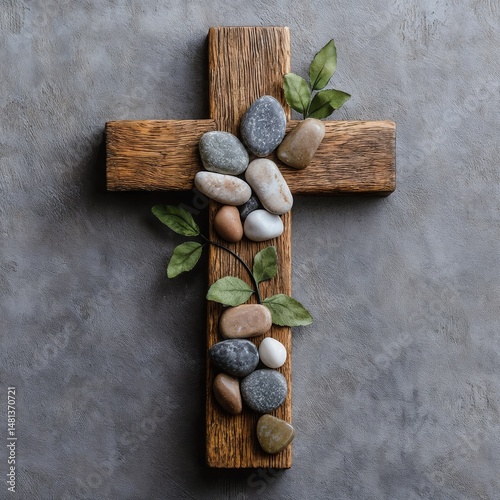 Wooden Christian Cross Decorated with Pebbles and Leaves on Gray Background — Faith Symbol, Spirituality, Nature Connection, Memorial Concept, Christian Religion Representation

