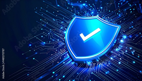 A digital shield icon symbolizes cybersecurity, surrounded by glowing circuit patterns, representing protection and technology