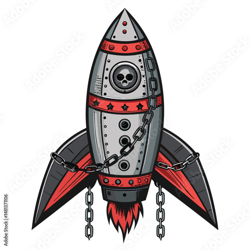 A rocket ship constructed from skeletal remains and heavy chains, rendered in a gritty, metallic style reminiscent of metalcore album art.