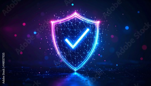A glowing digital shield with a checkmark, symbolizing security and protection in a futuristic design