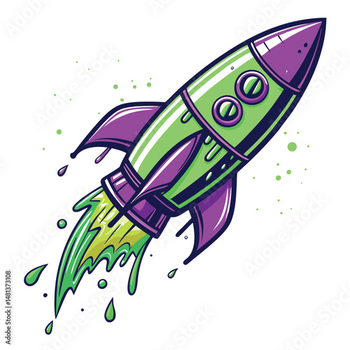 Chrome rocket engulfed in vibrant, melting graffiti drips; futuristic, abstract art.  High detail, 8k resolution.