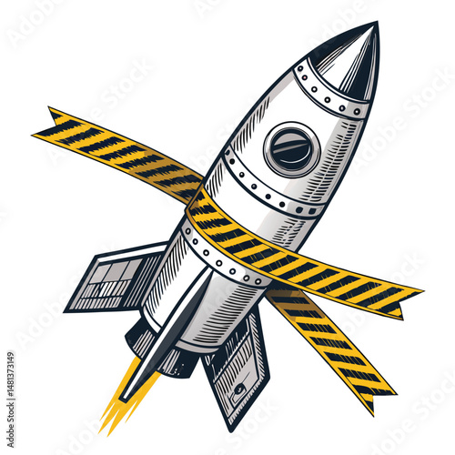 A chaotic city street scene featuring a rocket haphazardly wrapped in yellow caution tape, suggesting a surreal, possibly post-apocalyptic or comedic event.