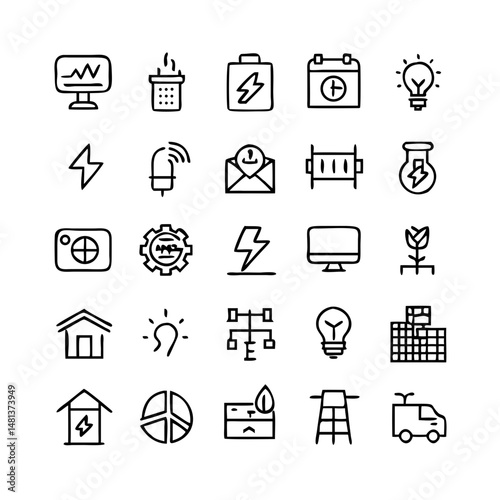 Energy saving and efficiency editable stroke outline icons set isolated on white background flat vector illustration. Alternative energy sources vector linear icons set. Ecology renewable energy .