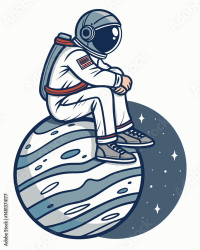 A melancholic astronaut sits alone on a desolate, miniature planet, gazing at a distant starfield.  His spacesuit reflects the bleak, colorful landscape.