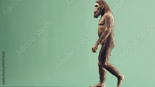 Homo erectus Walking: A depiction of Homo erectus, an extinct hominin species, walking upright against a muted green backdrop.