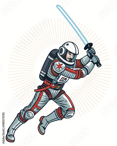 A lone samurai astronaut, weightless, gracefully floats in space wielding a glowing, ethereal katana.  Stars twinkle intensely in the background.