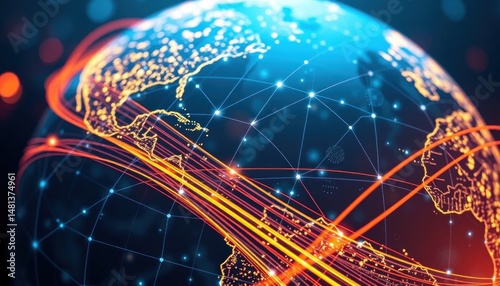 Futuristic globe with glowing network, global connectivity and digital streams