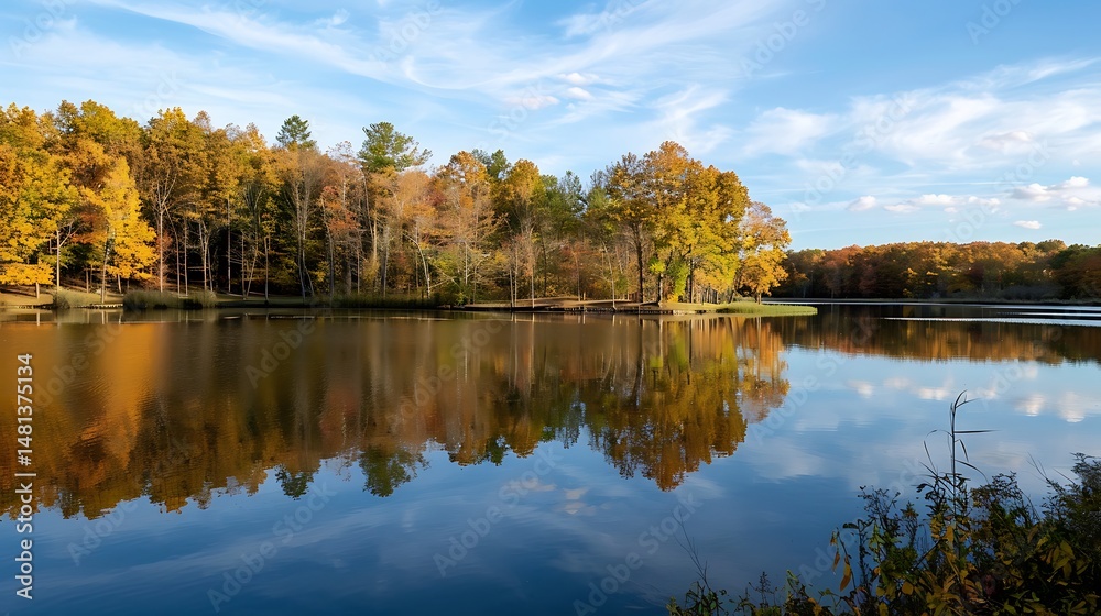 Fototapeta premium Autumnal Lake Scene With Colorful Trees Reflecting On Calm Water Surface Under Blue Cloudy Sky