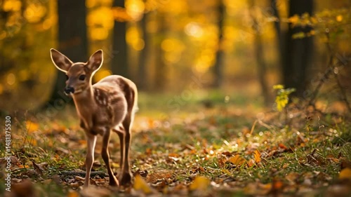 A young fawn stands alert in a forest bathed in warm autumn light.