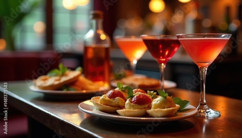 Elegant cocktail party scene with drinks and appetizers on a table, soft lighting , festive, social