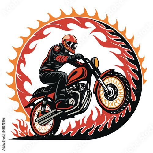 A fierce scorpion biker, riding a spiked motorcycle engulfed in vibrant nitro flames, fiercely expressive, detailed, fantasy art.