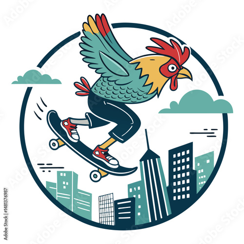 A cartoon chicken skateboarding, executing a daring jump over a detailed cityscape at sunset.  Focus on vibrant colors and dynamic action.