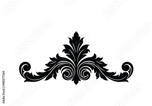 Ornament silhouette. The image shows a black silhouette of an ornate, floral ornament with swirling and leaf-like decorative elements. Vector clipart illustration design.