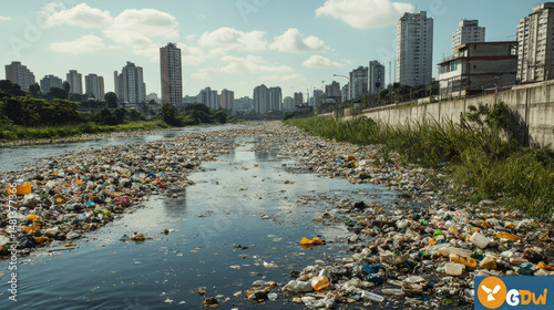 Riverbank in SÃ£o Paulo, Brazil strewn with trash, showing the destructive effects of pollution