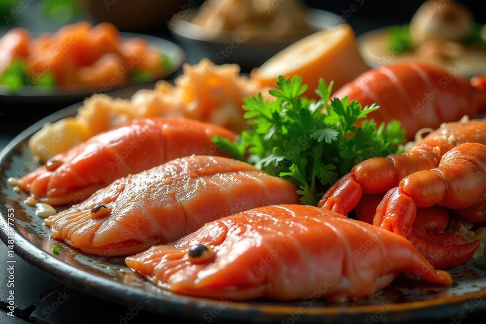 Abundant seafood buffet spread, featuring various shellfish, fish, and crustaceans , parsley, event Abundant seafood buffet spread, featuring various shellfish, fish, and crustaceans , parsley, event